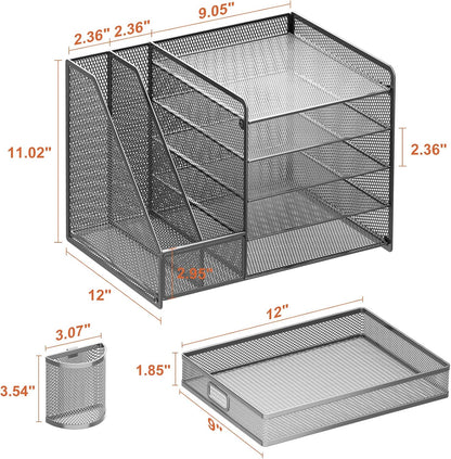 Desk Organizer with File Holder, 5-Tier Paper Letter Tray Organizer with Drawer and 2 Pen Holder, Mesh Desktop Organizer and Storage with Magazine Holder for Office Supplies(Black)