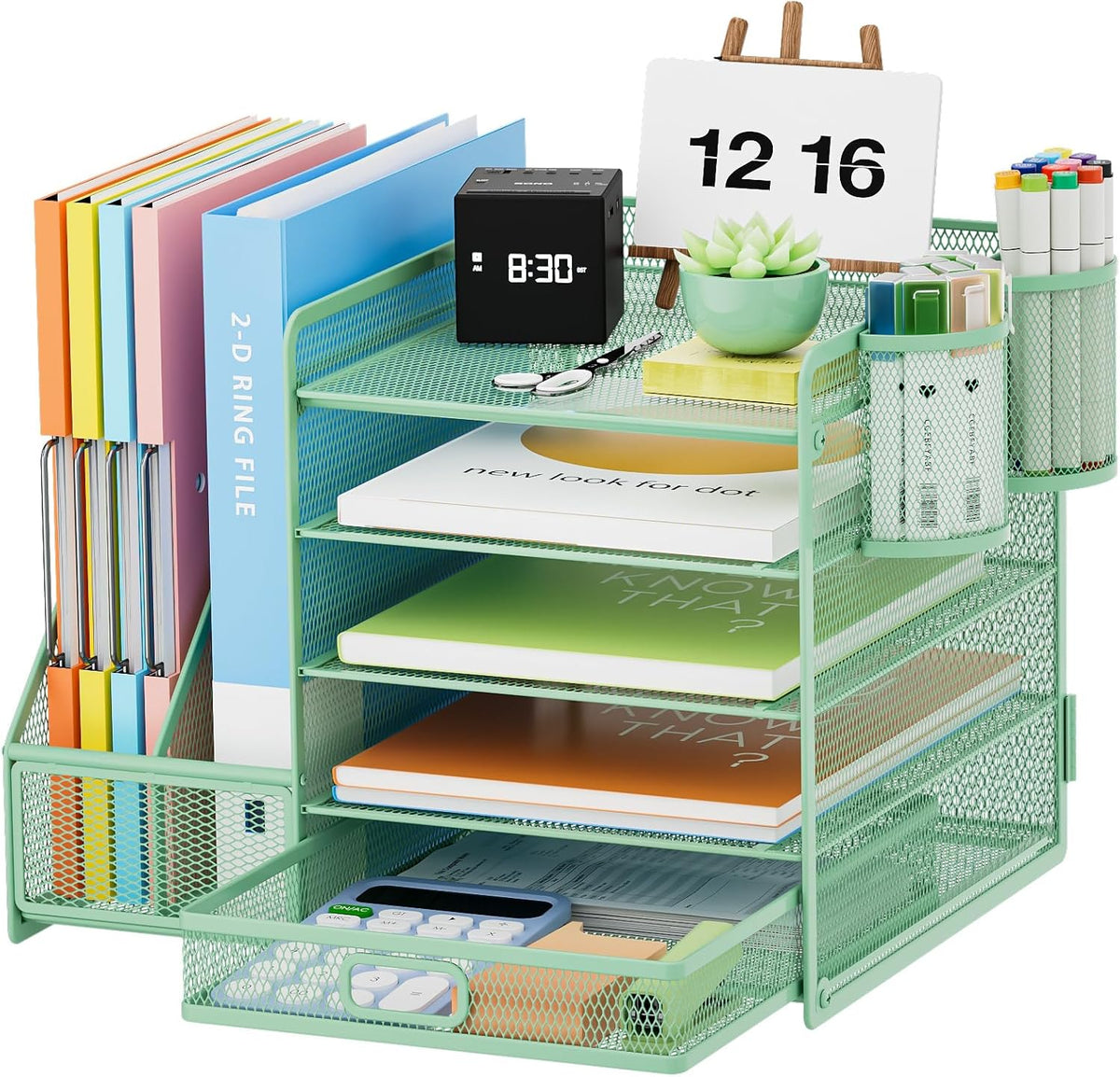 Desk Organizer with File Holder, 5-Tier Paper Letter Tray Organizer with Drawer and 2 Pen Holder, Mesh Desktop Organizer and Storage with Magazine Holder for Office Supplies(Black)