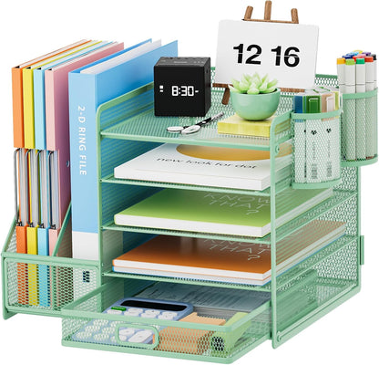 Desk Organizer with File Holder, 5-Tier Paper Letter Tray Organizer with Drawer and 2 Pen Holder, Mesh Desktop Organizer and Storage with Magazine Holder for Office Supplies(Black)