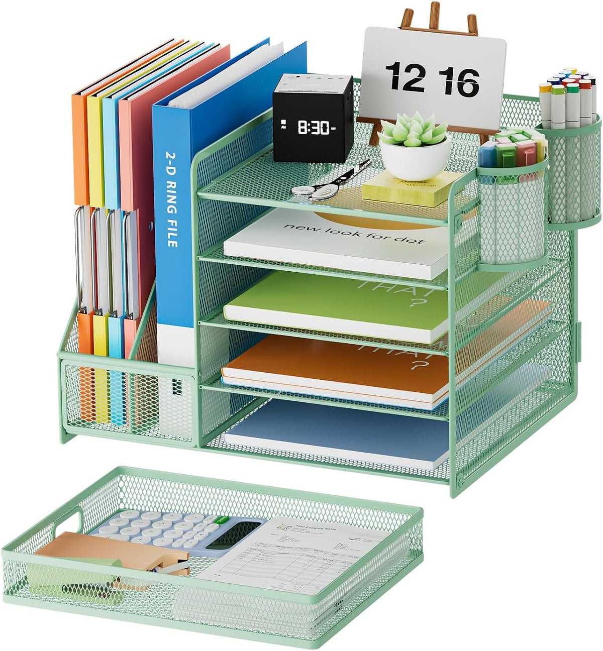 Desk Organizer with File Holder, 5-Tier Paper Letter Tray Organizer with Drawer and 2 Pen Holder, Mesh Desktop Organizer and Storage with Magazine Holder for Office Supplies(Black)