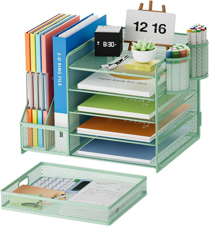 Desk Organizer with File Holder, 5-Tier Paper Letter Tray Organizer with Drawer and 2 Pen Holder, Mesh Desktop Organizer and Storage with Magazine Holder for Office Supplies(Black)