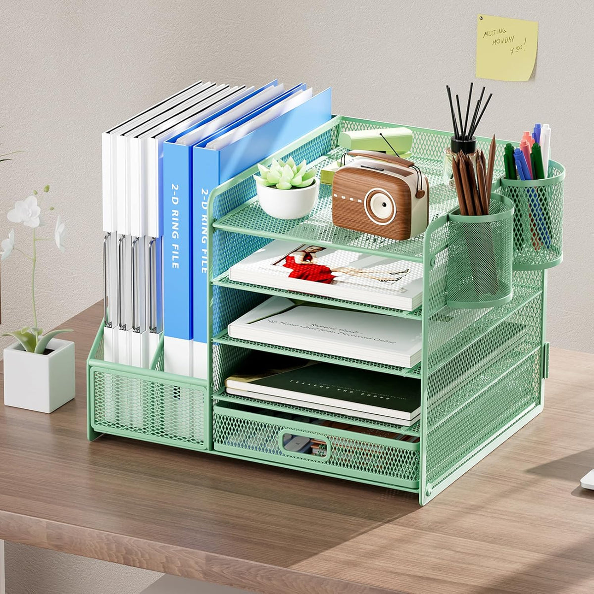 Desk Organizer with File Holder, 5-Tier Paper Letter Tray Organizer with Drawer and 2 Pen Holder, Mesh Desktop Organizer and Storage with Magazine Holder for Office Supplies(Black)