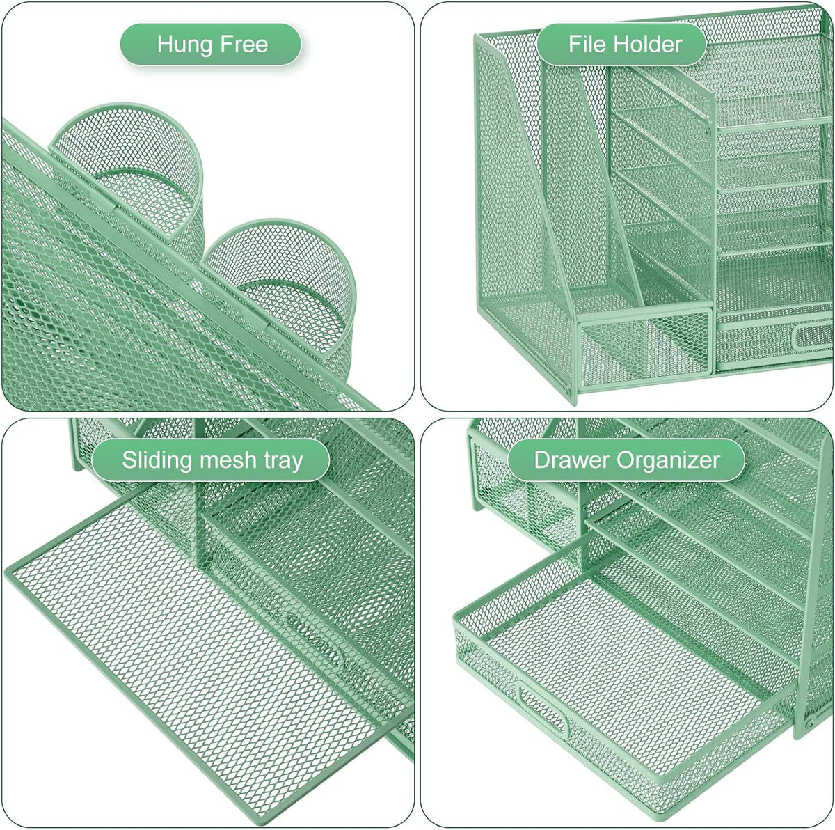 Desk Organizer with File Holder, 5-Tier Paper Letter Tray Organizer with Drawer and 2 Pen Holder, Mesh Desktop Organizer and Storage with Magazine Holder for Office Supplies(Black)