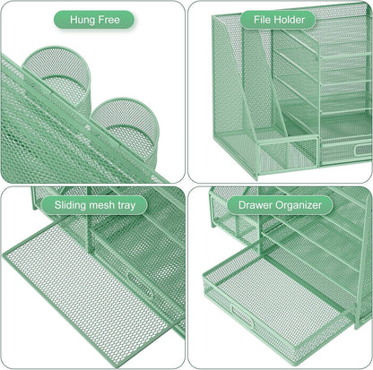 Desk Organizer with File Holder, 5-Tier Paper Letter Tray Organizer with Drawer and 2 Pen Holder, Mesh Desktop Organizer and Storage with Magazine Holder for Office Supplies(Black)