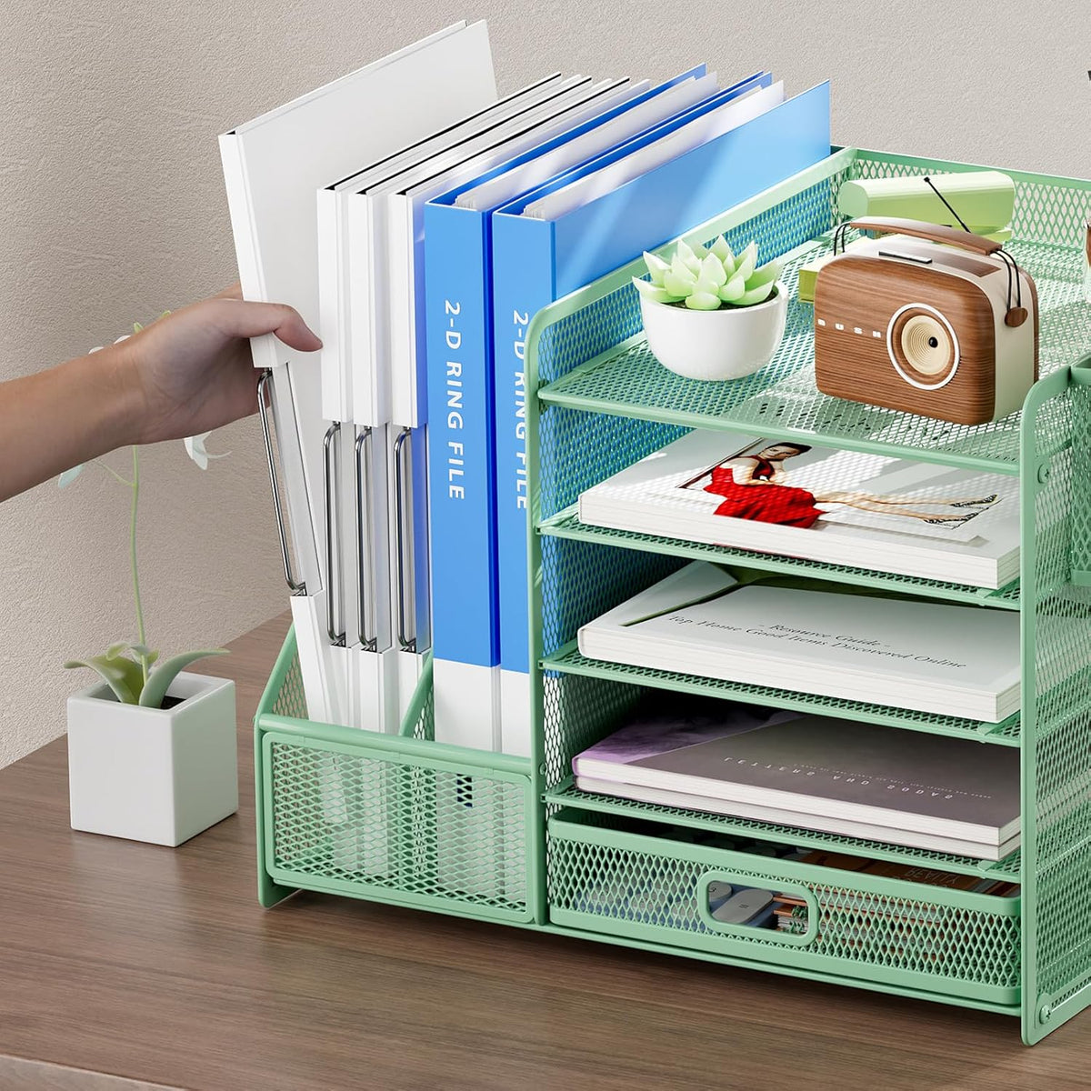 Desk Organizer with File Holder, 5-Tier Paper Letter Tray Organizer with Drawer and 2 Pen Holder, Mesh Desktop Organizer and Storage with Magazine Holder for Office Supplies(Black)