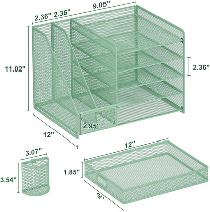 Desk Organizer with File Holder, 5-Tier Paper Letter Tray Organizer with Drawer and 2 Pen Holder, Mesh Desktop Organizer and Storage with Magazine Holder for Office Supplies(Black)