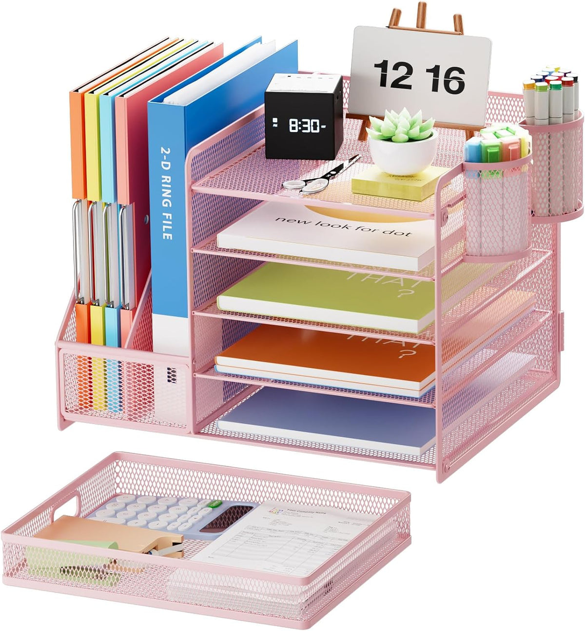 Desk Organizer with File Holder, 5-Tier Paper Letter Tray Organizer with Drawer and 2 Pen Holder, Mesh Desktop Organizer and Storage with Magazine Holder for Office Supplies(Black)