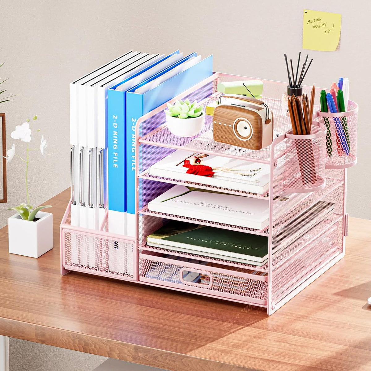 Desk Organizer with File Holder, 5-Tier Paper Letter Tray Organizer with Drawer and 2 Pen Holder, Mesh Desktop Organizer and Storage with Magazine Holder for Office Supplies(Black)