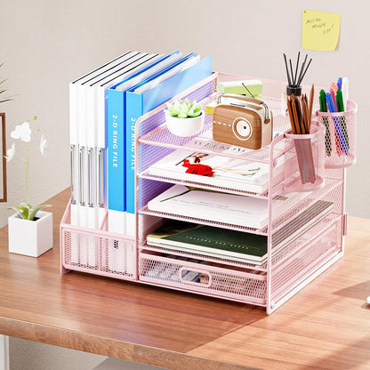 Desk Organizer with File Holder, 5-Tier Paper Letter Tray Organizer with Drawer and 2 Pen Holder, Mesh Desktop Organizer and Storage with Magazine Holder for Office Supplies(Black)