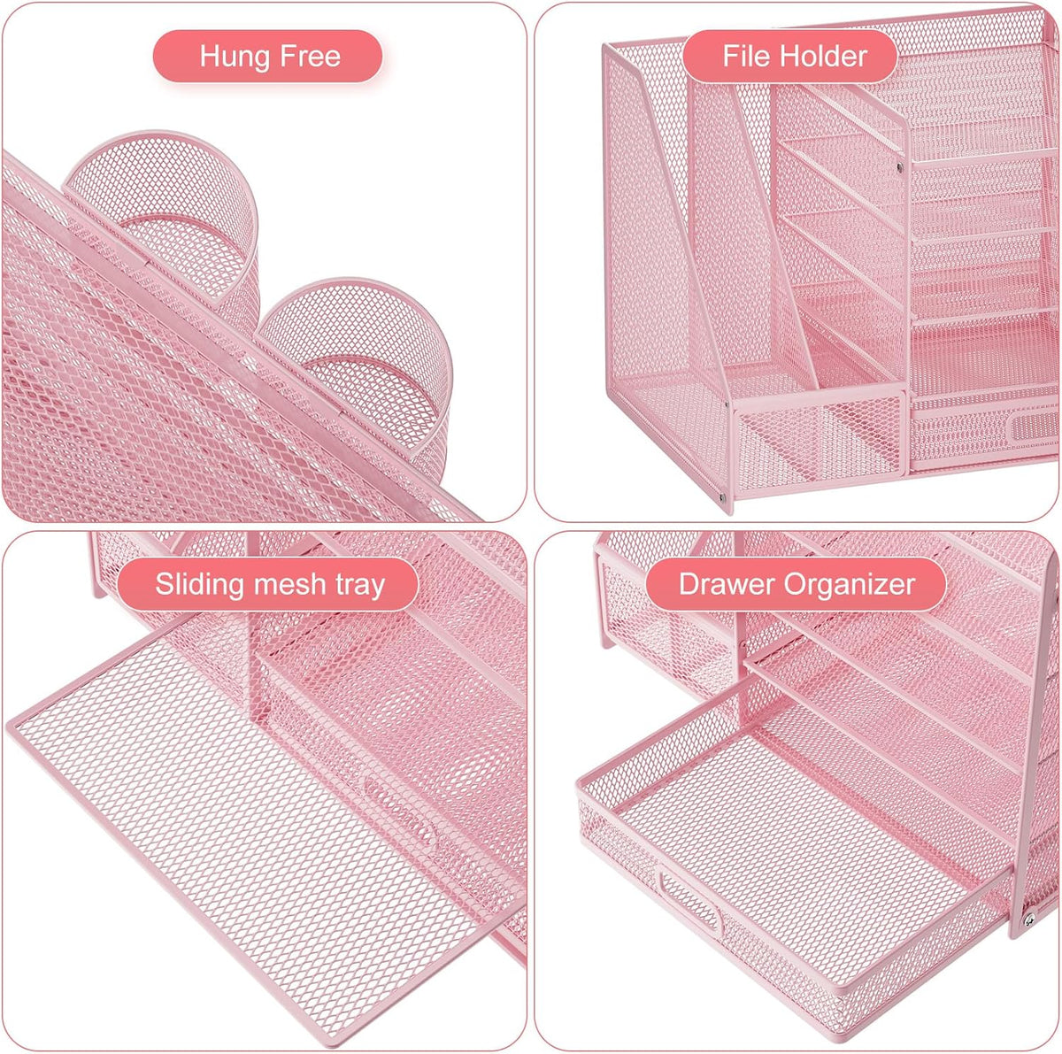 Desk Organizer with File Holder, 5-Tier Paper Letter Tray Organizer with Drawer and 2 Pen Holder, Mesh Desktop Organizer and Storage with Magazine Holder for Office Supplies(Black)