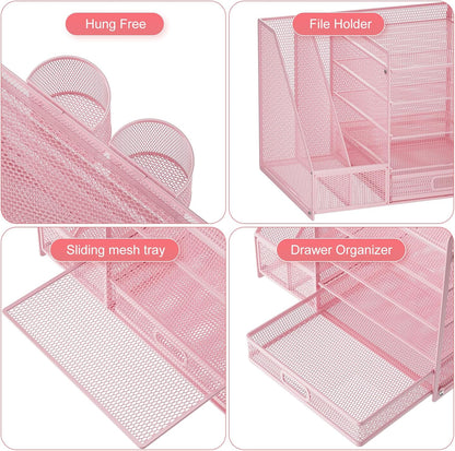 Desk Organizer with File Holder, 5-Tier Paper Letter Tray Organizer with Drawer and 2 Pen Holder, Mesh Desktop Organizer and Storage with Magazine Holder for Office Supplies(Black)