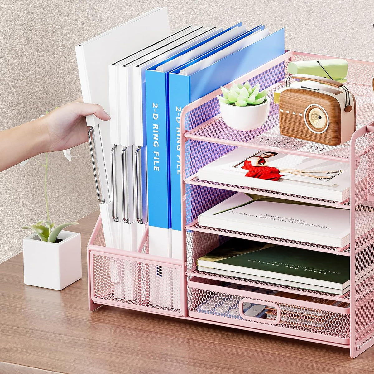 Desk Organizer with File Holder, 5-Tier Paper Letter Tray Organizer with Drawer and 2 Pen Holder, Mesh Desktop Organizer and Storage with Magazine Holder for Office Supplies(Black)