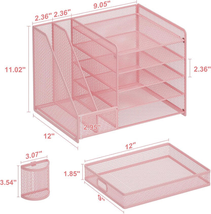 Desk Organizer with File Holder, 5-Tier Paper Letter Tray Organizer with Drawer and 2 Pen Holder, Mesh Desktop Organizer and Storage with Magazine Holder for Office Supplies(Black)