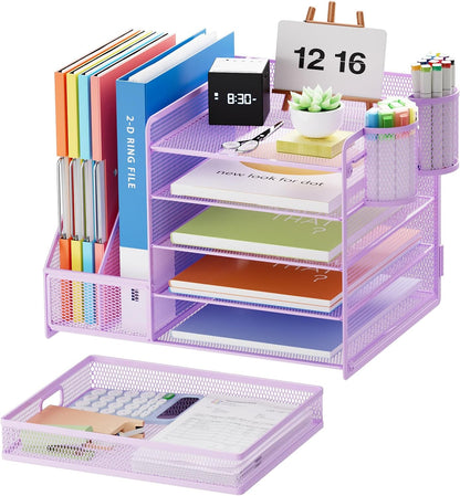 Desk Organizer with File Holder, 5-Tier Paper Letter Tray Organizer with Drawer and 2 Pen Holder, Mesh Desktop Organizer and Storage with Magazine Holder for Office Supplies(Black)