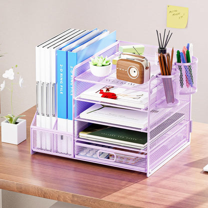 Desk Organizer with File Holder, 5-Tier Paper Letter Tray Organizer with Drawer and 2 Pen Holder, Mesh Desktop Organizer and Storage with Magazine Holder for Office Supplies(Black)