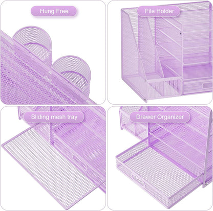Desk Organizer with File Holder, 5-Tier Paper Letter Tray Organizer with Drawer and 2 Pen Holder, Mesh Desktop Organizer and Storage with Magazine Holder for Office Supplies(Black)