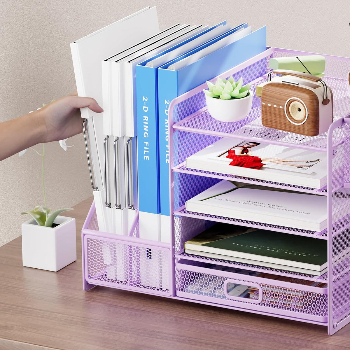 Desk Organizer with File Holder, 5-Tier Paper Letter Tray Organizer with Drawer and 2 Pen Holder, Mesh Desktop Organizer and Storage with Magazine Holder for Office Supplies(Black)