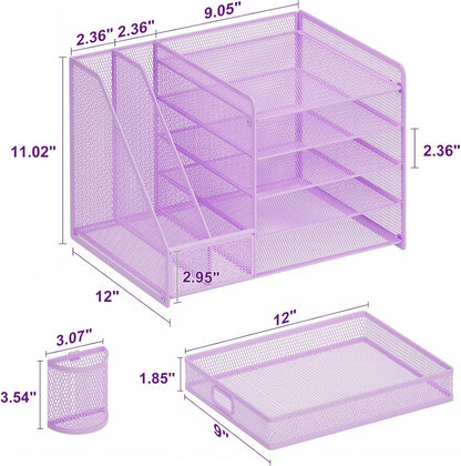 Desk Organizer with File Holder, 5-Tier Paper Letter Tray Organizer with Drawer and 2 Pen Holder, Mesh Desktop Organizer and Storage with Magazine Holder for Office Supplies(Black)