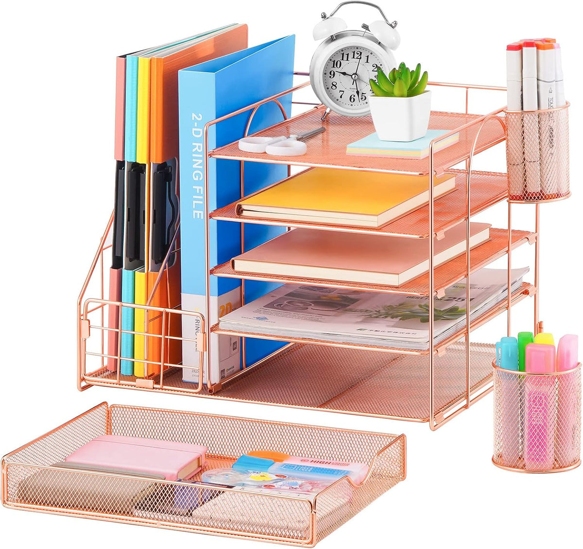 Desk Organizer with File Holder, 5-Tier Paper Letter Tray Organizer with Drawer and 2 Pen Holder, Mesh Desktop Organizer and Storage with Magazine Holder for Office Supplies(Black)