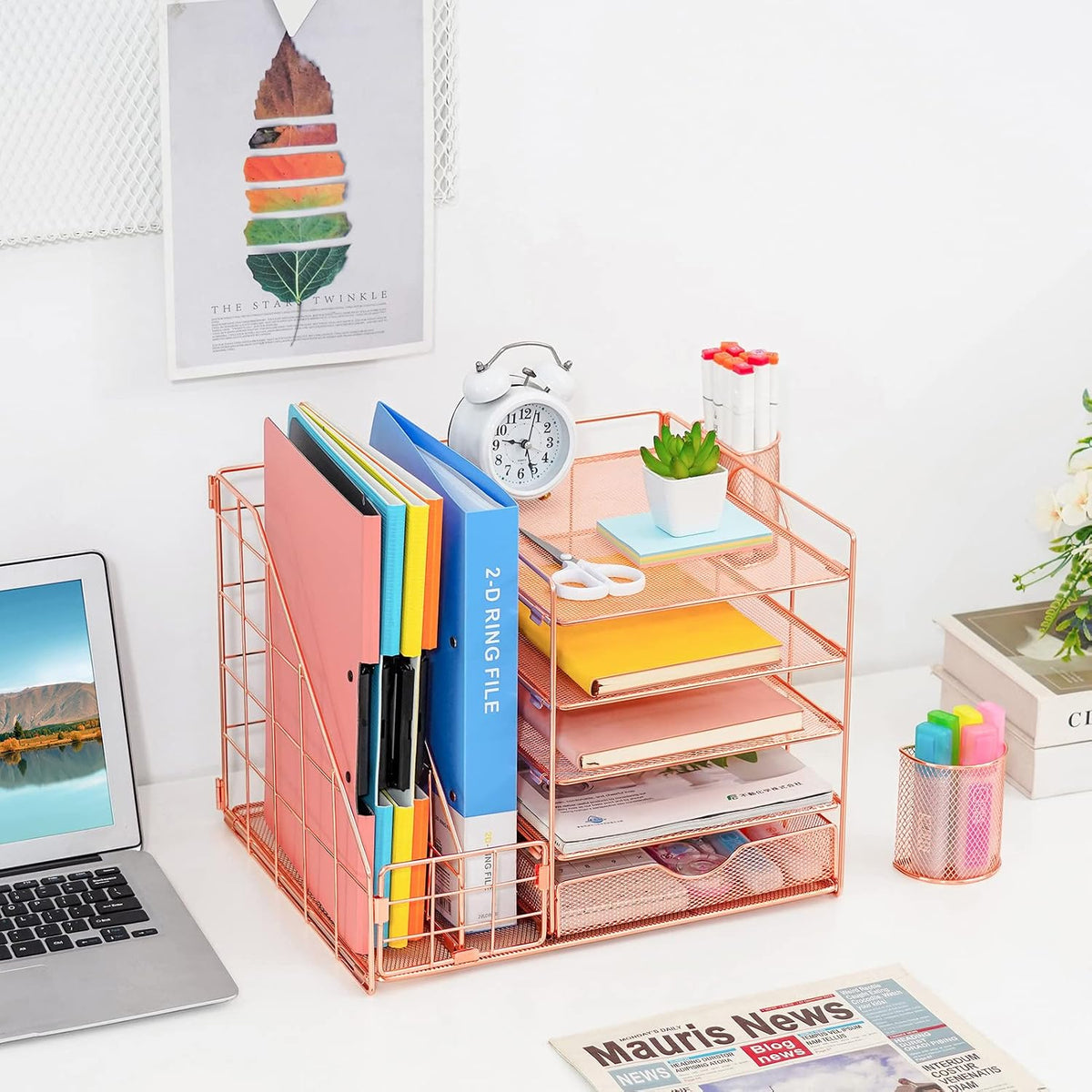 Desk Organizer with File Holder, 5-Tier Paper Letter Tray Organizer with Drawer and 2 Pen Holder, Mesh Desktop Organizer and Storage with Magazine Holder for Office Supplies(Black)