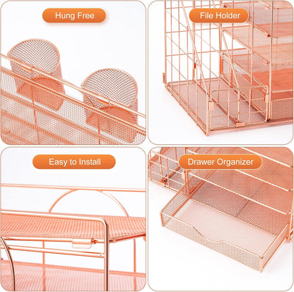 Desk Organizer with File Holder, 5-Tier Paper Letter Tray Organizer with Drawer and 2 Pen Holder, Mesh Desktop Organizer and Storage with Magazine Holder for Office Supplies(Black)