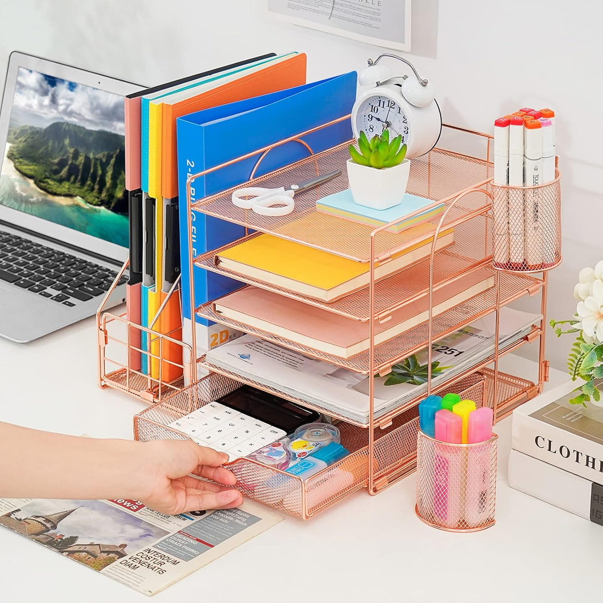 Desk Organizer with File Holder, 5-Tier Paper Letter Tray Organizer with Drawer and 2 Pen Holder, Mesh Desktop Organizer and Storage with Magazine Holder for Office Supplies(Black)