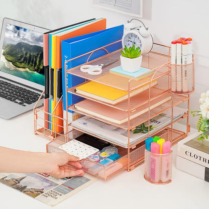 Desk Organizer with File Holder, 5-Tier Paper Letter Tray Organizer with Drawer and 2 Pen Holder, Mesh Desktop Organizer and Storage with Magazine Holder for Office Supplies(Black)