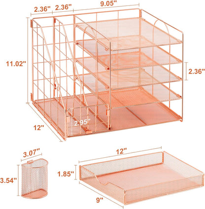 Desk Organizer with File Holder, 5-Tier Paper Letter Tray Organizer with Drawer and 2 Pen Holder, Mesh Desktop Organizer and Storage with Magazine Holder for Office Supplies(Black)