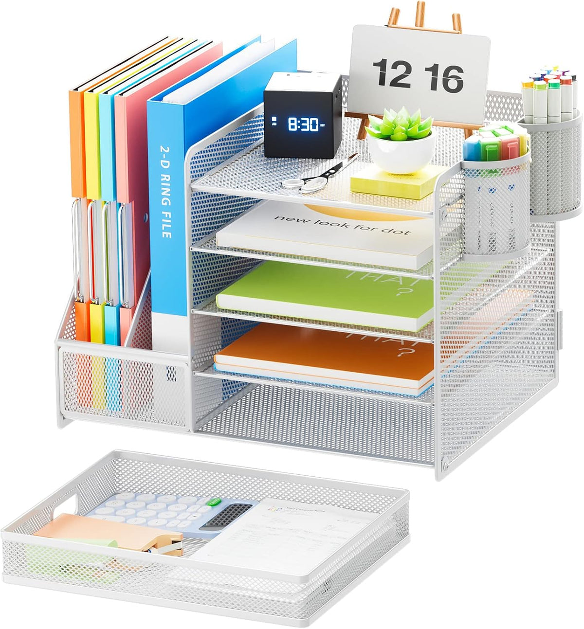 Desk Organizer with File Holder, 5-Tier Paper Letter Tray Organizer with Drawer and 2 Pen Holder, Mesh Desktop Organizer and Storage with Magazine Holder for Office Supplies(Black)