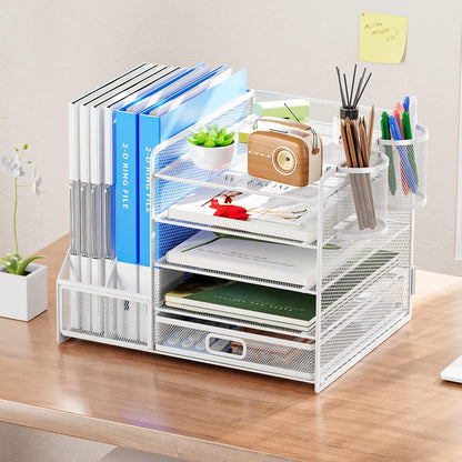 Desk Organizer with File Holder, 5-Tier Paper Letter Tray Organizer with Drawer and 2 Pen Holder, Mesh Desktop Organizer and Storage with Magazine Holder for Office Supplies(Black)