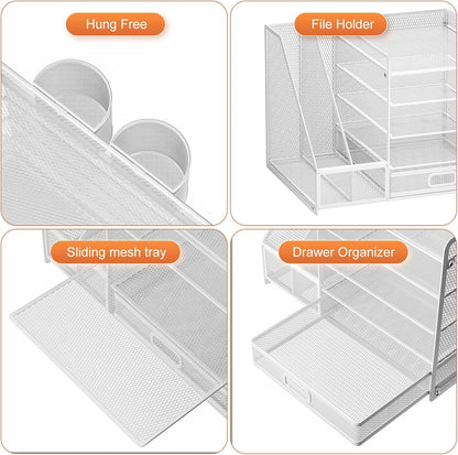 Desk Organizer with File Holder, 5-Tier Paper Letter Tray Organizer with Drawer and 2 Pen Holder, Mesh Desktop Organizer and Storage with Magazine Holder for Office Supplies(Black)