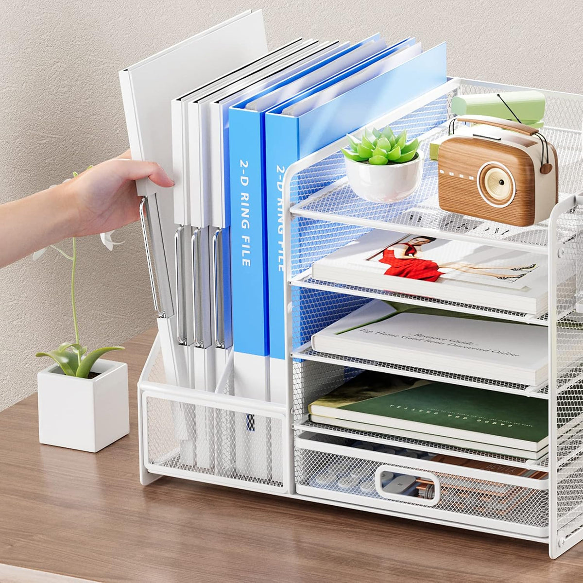 Desk Organizer with File Holder, 5-Tier Paper Letter Tray Organizer with Drawer and 2 Pen Holder, Mesh Desktop Organizer and Storage with Magazine Holder for Office Supplies(Black)