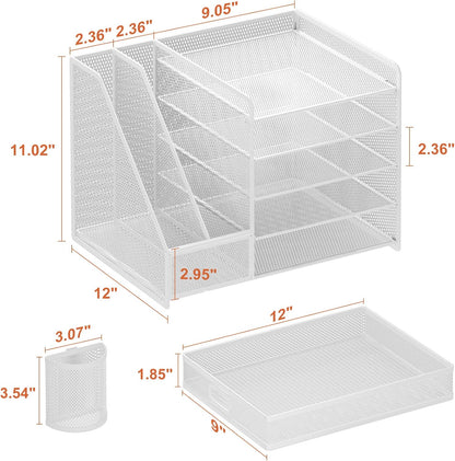 Desk Organizer with File Holder, 5-Tier Paper Letter Tray Organizer with Drawer and 2 Pen Holder, Mesh Desktop Organizer and Storage with Magazine Holder for Office Supplies(Black)