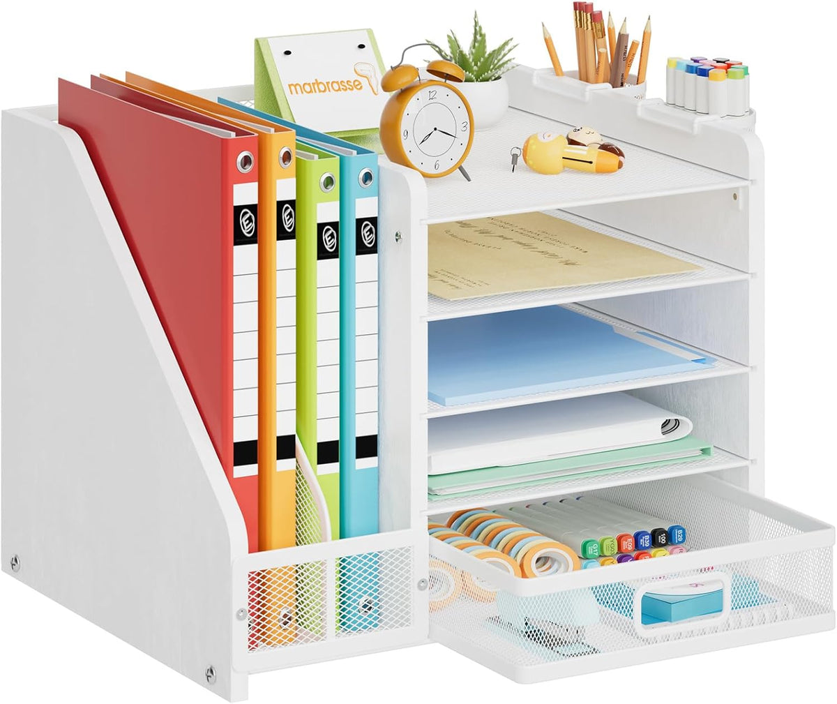 Desk Organizer with File Holder, 5-Tier Paper Letter Tray Organizer with Drawer and 2 Pen Holder, Mesh Desktop Organizer and Storage with Magazine Holder for Office Supplies(Black)