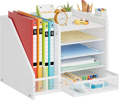 Desk Organizer with File Holder, 5-Tier Paper Letter Tray Organizer with Drawer and 2 Pen Holder, Mesh Desktop Organizer and Storage with Magazine Holder for Office Supplies(Black)