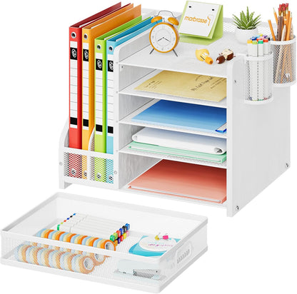 Desk Organizer with File Holder, 5-Tier Paper Letter Tray Organizer with Drawer and 2 Pen Holder, Mesh Desktop Organizer and Storage with Magazine Holder for Office Supplies(Black)
