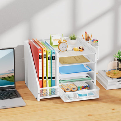 Desk Organizer with File Holder, 5-Tier Paper Letter Tray Organizer with Drawer and 2 Pen Holder, Mesh Desktop Organizer and Storage with Magazine Holder for Office Supplies(Black)