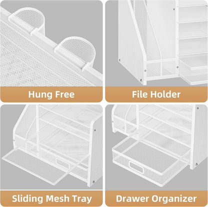 Desk Organizer with File Holder, 5-Tier Paper Letter Tray Organizer with Drawer and 2 Pen Holder, Mesh Desktop Organizer and Storage with Magazine Holder for Office Supplies(Black)