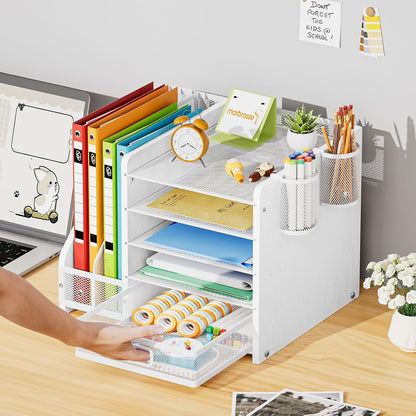 Desk Organizer with File Holder, 5-Tier Paper Letter Tray Organizer with Drawer and 2 Pen Holder, Mesh Desktop Organizer and Storage with Magazine Holder for Office Supplies(Black)