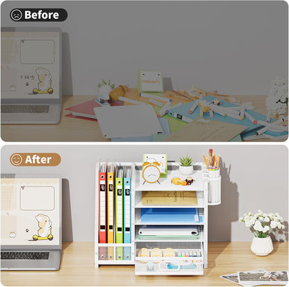 Desk Organizer with File Holder, 5-Tier Paper Letter Tray Organizer with Drawer and 2 Pen Holder, Mesh Desktop Organizer and Storage with Magazine Holder for Office Supplies(Black)