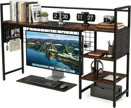 Desk Shelf Organizer with Pegboard & Hooks, Desk Hutch for Computer Monitor, Multi-Tier Wood Desktop Bookshelf Display Rack for Home Office Dorm Room (Vintage Brown, 38.6‘’)