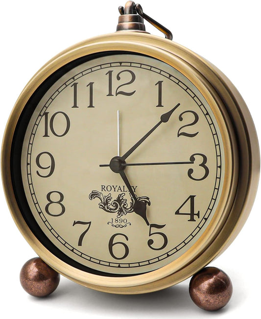 Metal Golden Table Clock, Retro Vintage Non-Ticking Small Alarm Clock,Battery Operated Silent Quartz Movement HD Glass Desk Clock for Bedroom Living Room Indoor Decoration Kids… (Arabic2)