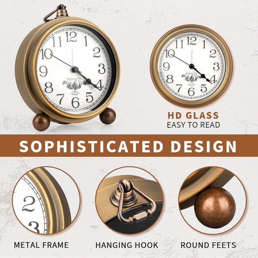 Metal Golden Table Clock, Retro Vintage Non-Ticking Small Alarm Clock,Battery Operated Silent Quartz Movement HD Glass Desk Clock for Bedroom Living Room Indoor Decoration Kids… (Arabic2)