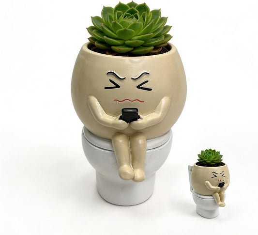 Funny Bathroom Planter Decor 5.2" Resin Toilet Planter Pot with Drainage Hole, Succulent Pots Cute Face Planter Pot for Outdoor, Unique Planters for Indoor Plants for Bathroom, Home