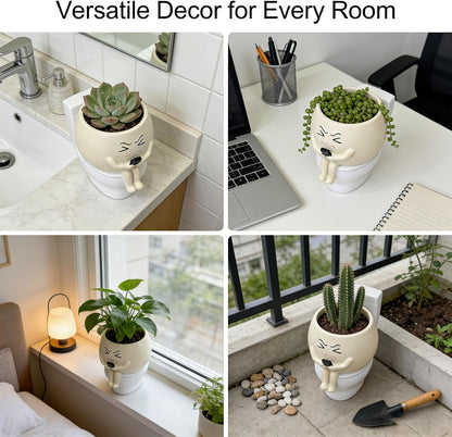 Funny Bathroom Planter Decor 5.2" Resin Toilet Planter Pot with Drainage Hole, Succulent Pots Cute Face Planter Pot for Outdoor, Unique Planters for Indoor Plants for Bathroom, Home