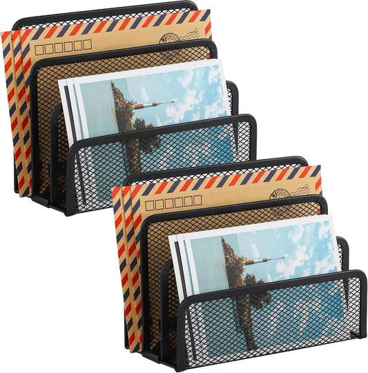 Desk Mail Organizer, Office Small Desktop Metal Mesh Envelope Letter Sorter Paper File Holder Organizer with 3 Vertical Upright Compartments, Black