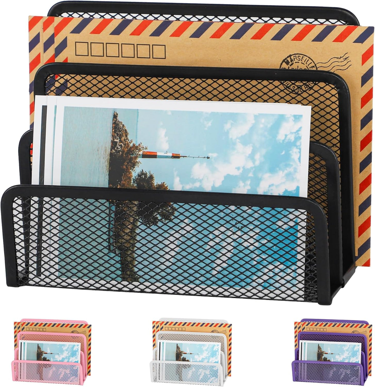 Desk Mail Organizer, Office Small Desktop Metal Mesh Envelope Letter Sorter Paper File Holder Organizer with 3 Vertical Upright Compartments, Black