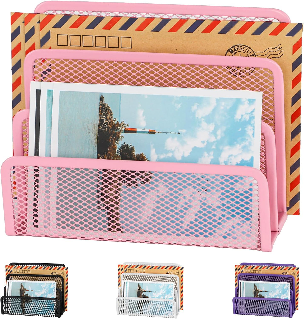 Desk Mail Organizer, Office Small Desktop Metal Mesh Envelope Letter Sorter Paper File Holder Organizer with 3 Vertical Upright Compartments, Black