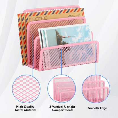 Desk Mail Organizer, Office Small Desktop Metal Mesh Envelope Letter Sorter Paper File Holder Organizer with 3 Vertical Upright Compartments, Black