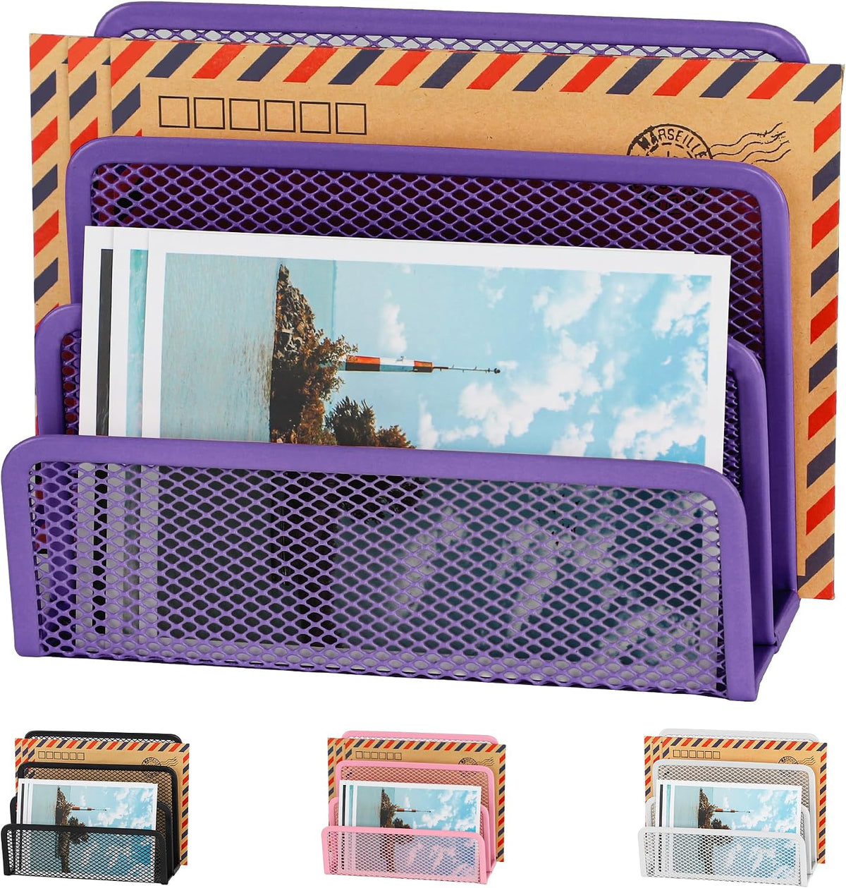 Desk Mail Organizer, Office Small Desktop Metal Mesh Envelope Letter Sorter Paper File Holder Organizer with 3 Vertical Upright Compartments, Black